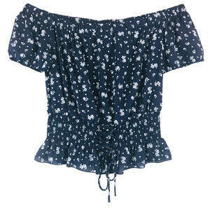 Ultra Flirt Women's M Off Shoulder Blouse Navy White Poly Floral Short Sleeve